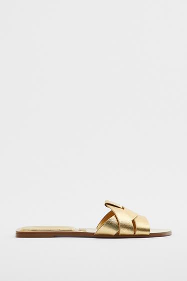 METALLIC LEATHER CROSS-STRAP SANDALS - Gold by Zara
