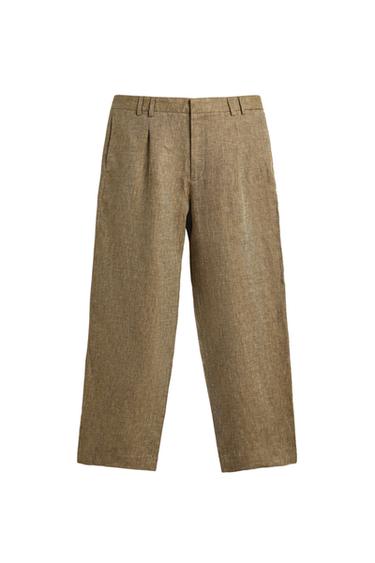 CALÇA 100% LINHO COM PREGAS - Esverdeado da Zara