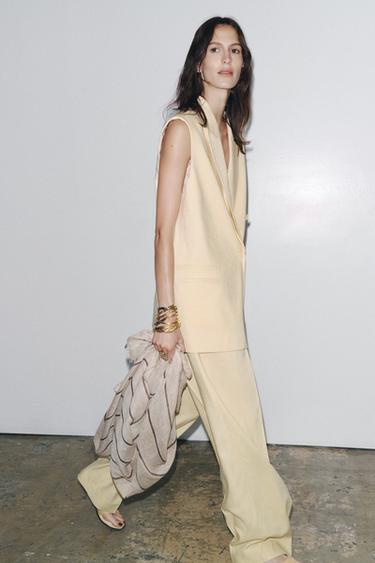 Zara ZW COLLECTION WIDE LEG PLEATED PANTS - Pastel yellow