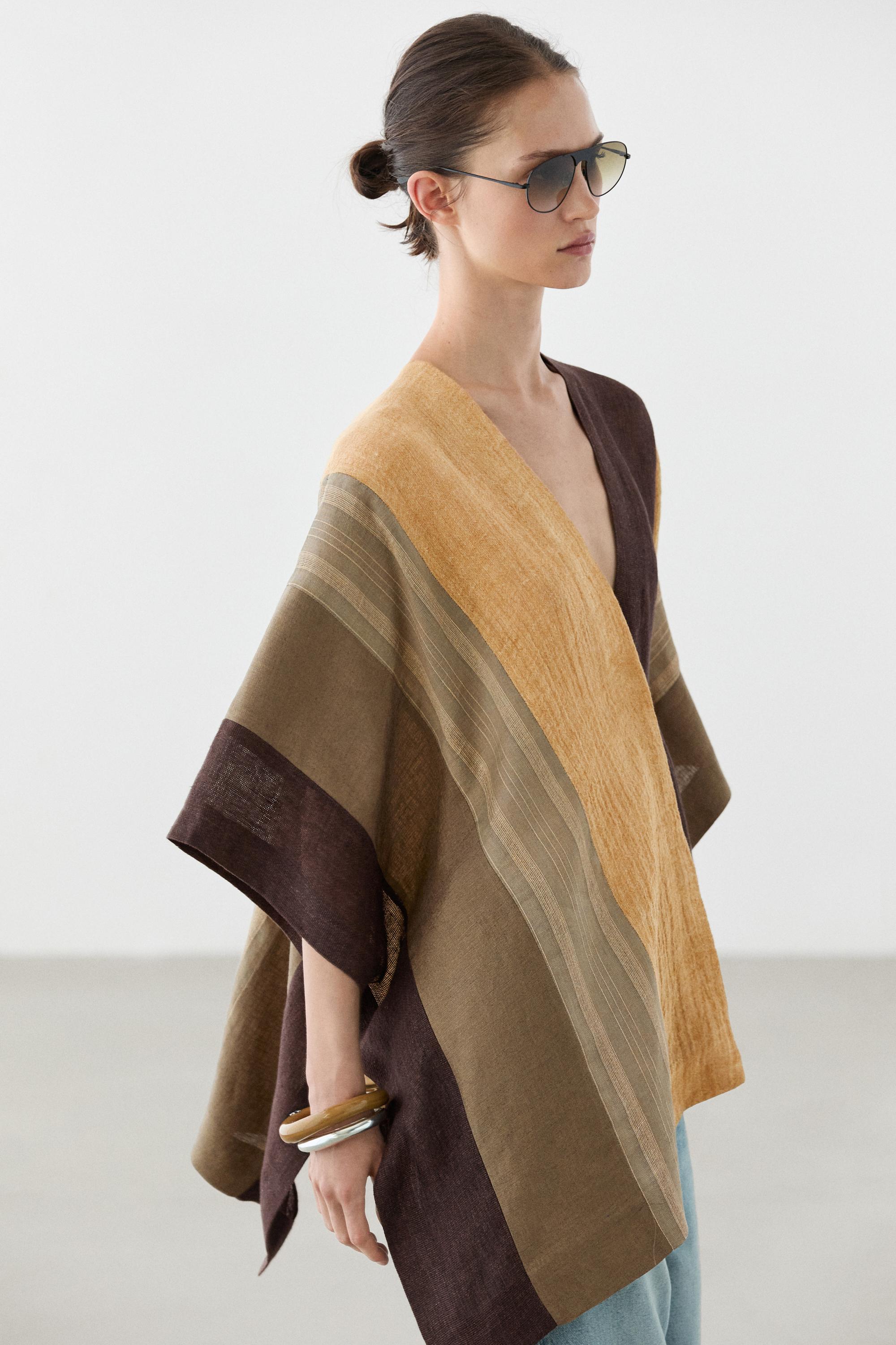 Flowing striped linen blend cape — Light khaki