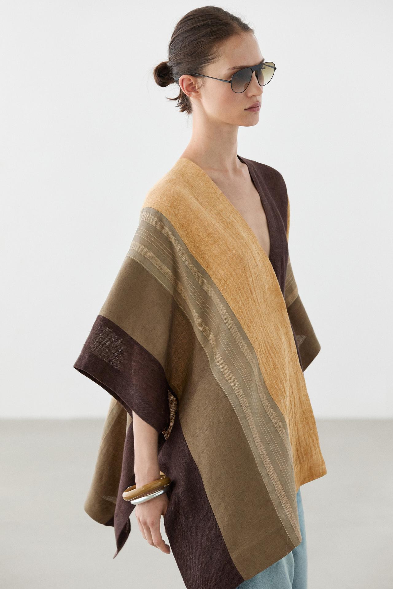 Flowing striped linen blend cape — Light khaki