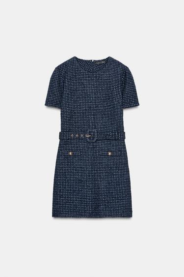 Zara 紋理繫腰帶洋裝 - 藍色