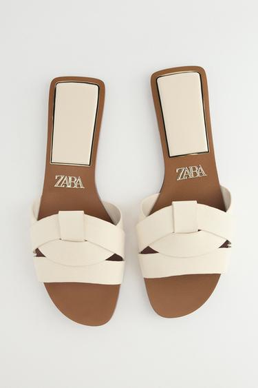 Zara LOW HEELED CROSSED LEATHER SANDALS - White