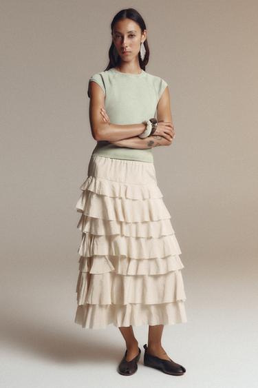 SAIA MIDI COM BABADOS ZW COLLECTION - Bege / Verde da Zara