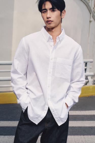Zara 標準版亞麻/棉質襯衫 - 白色