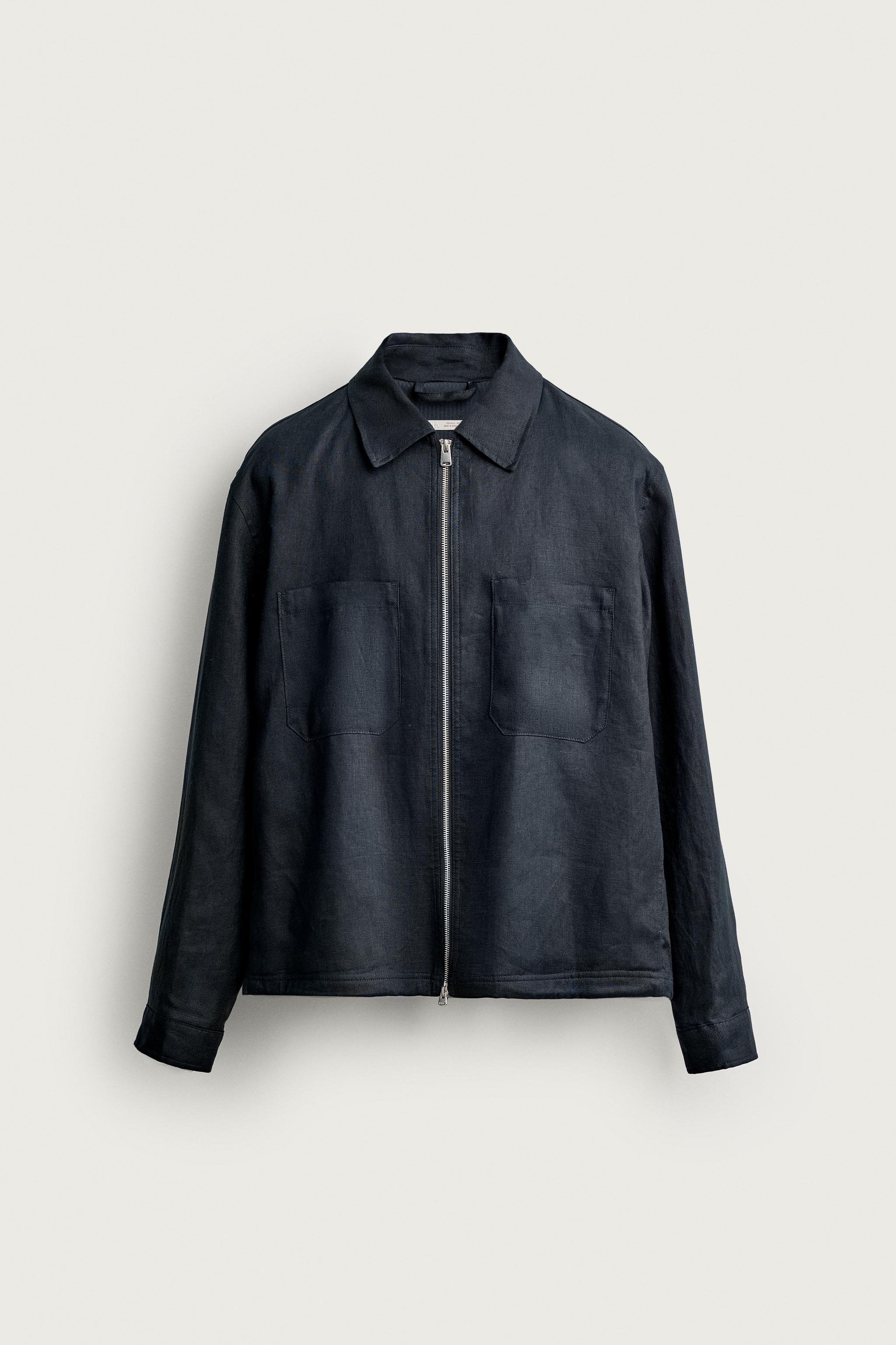100%リネン ジップアップシャツジャケット - ネイビーブルー | ZARA