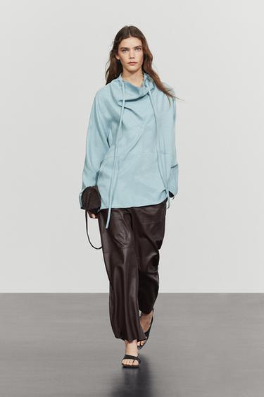 Zara Flowing shirt with high collar and drawstring detail - Blue / Gray