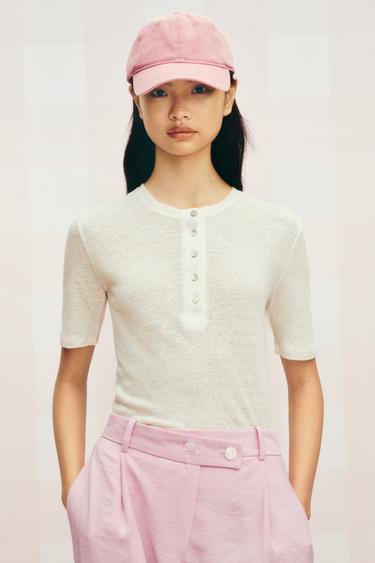 LINEN BLEND BUTTON T-SHIRT - Ecru by Zara