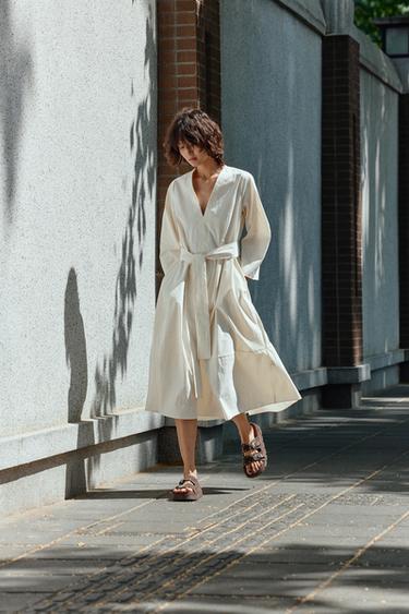 Zara 中長版腰帶洋裝 ZW COLLECTION - 裸色