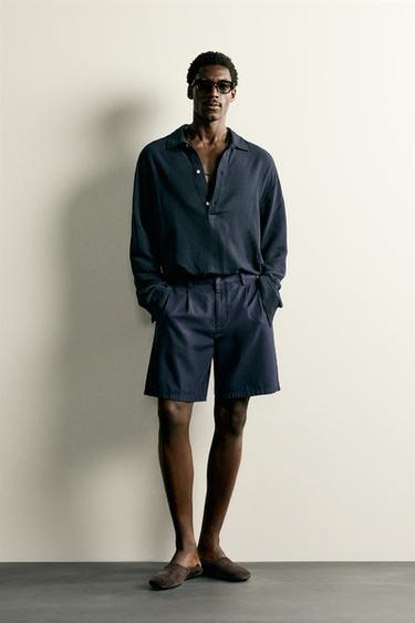 REGULAR FIT PLEATED BERMUDA SHORTS - Navy blue by Zara