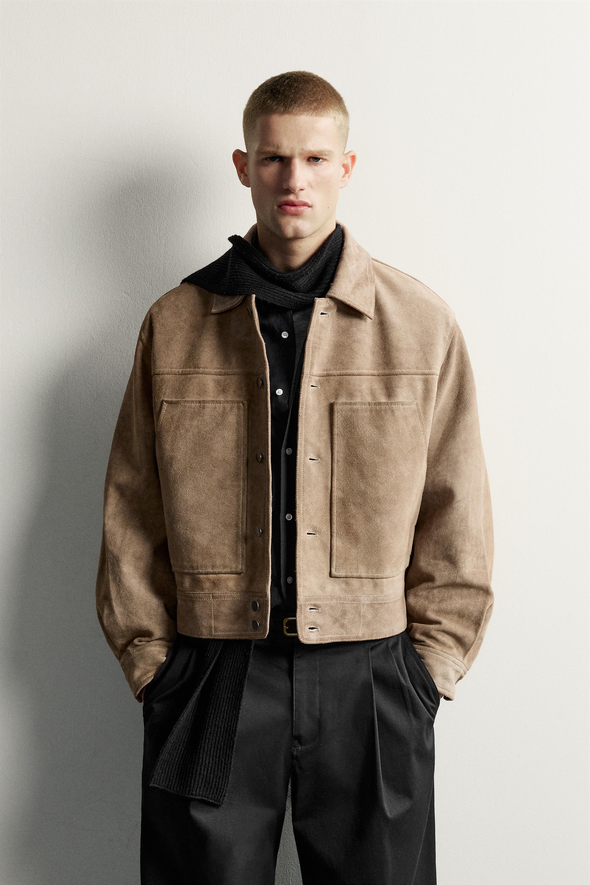 BLOUSON CROPPED FIT EN CUIR DAIM