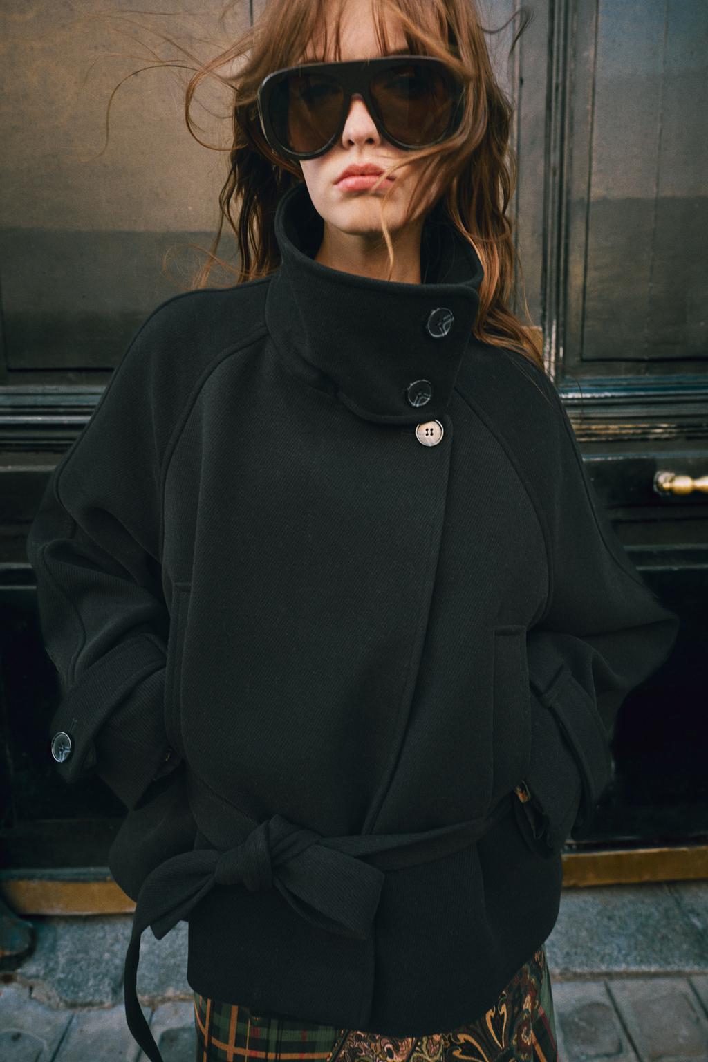 BELTED HIGH COLLAR COAT