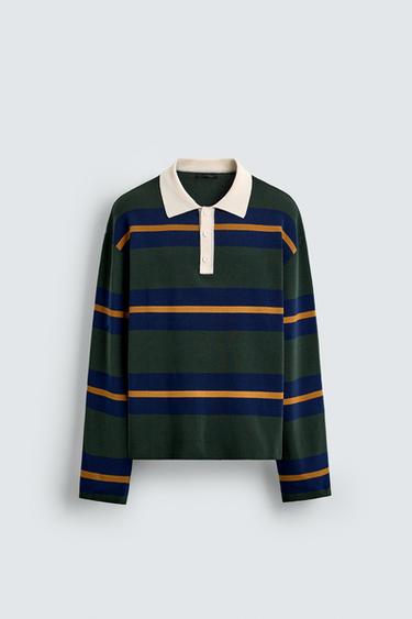 STRIPED KNIT POLO SHIRT WITH CONTRAST COLLAR - Green by Zara - Image 6