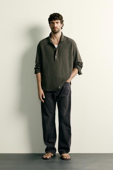 VISCOSE/LINEN REGULAR FIT POLO SHIRT - Dark khaki by Zara