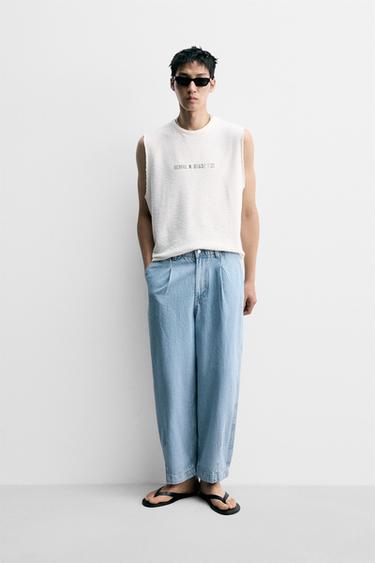 Zara 丹寧斜紋寬管打褶長褲 - 淡藍色 - 圖片 0
