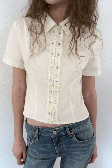 Zara RUFFLED POPLIN SHIRT WITH STUDS - Ecru