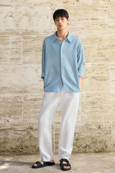 Zara 100% 亞麻細褶長褲 - 白色