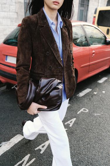 Zara DOUBLE-BREASTED BLAZER 100% SUEDE - Brown