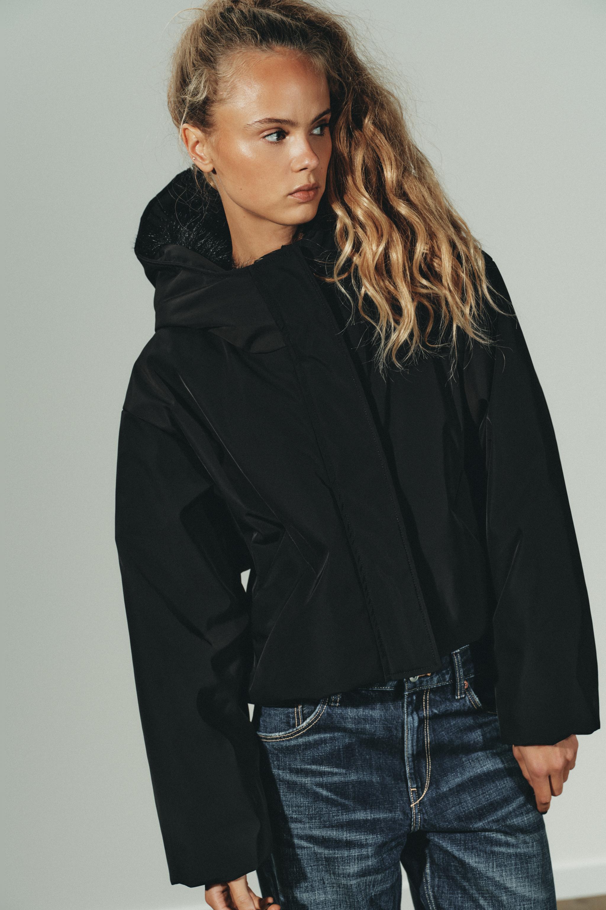 ZARA アウター12029000 WATER REPELLENT WINDPROOF FAUX FUR HOODIE PUFFER JACKET - Black