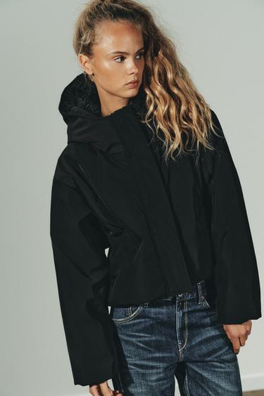 VESTE MATELASSÉE À CAPUCHE EFFET FOURRURE DÉPERLANTE COUPE-VENT - Noir de Zara - Image 3