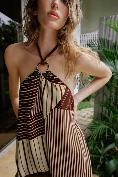 TOP HALTER IMPRIMÉ FANTAISIE - Écru / Marron de Zara - Image 3