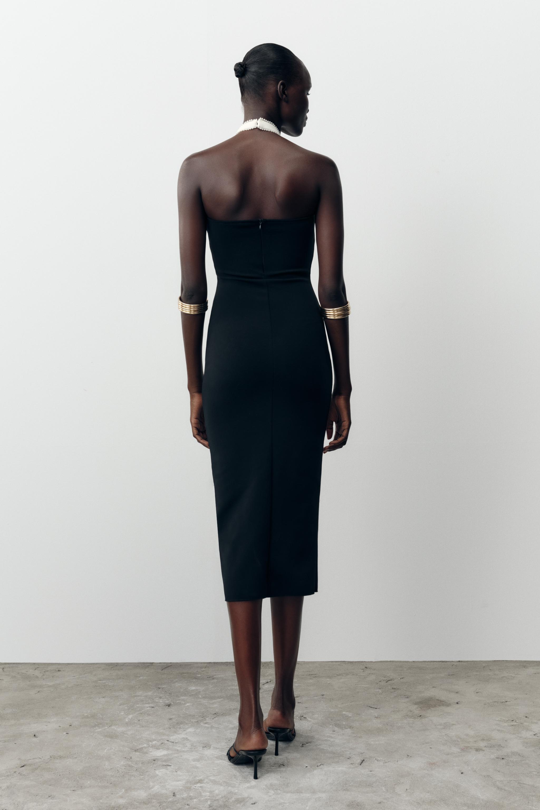 Vestido Negro Perlas Zara VESTIDO MIDI STRETCH LAZO Negro Blanco