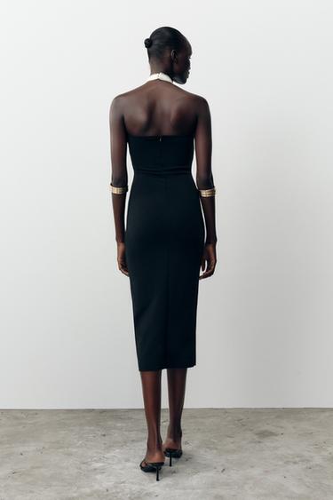 STRETCH MIDI DRESS WITH TIE - Black / White by Zara - Image 3