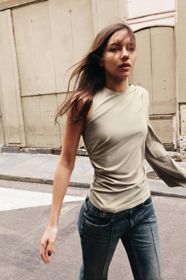 Zara ASYMMETRIC PUFF SLEEVE TOP - Mink