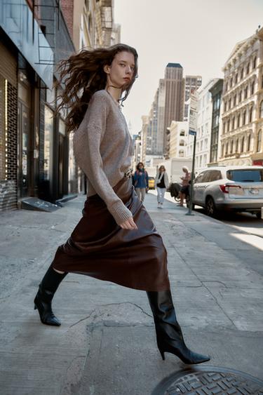 FAUX LEATHER MIDI SKIRT WITH BELT - Burgundy by Zara - Image 2