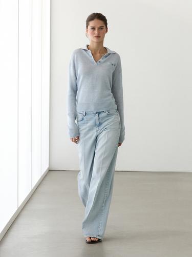 Pull fin en lin à col polo - Bleu délavé de Zara - Image 0