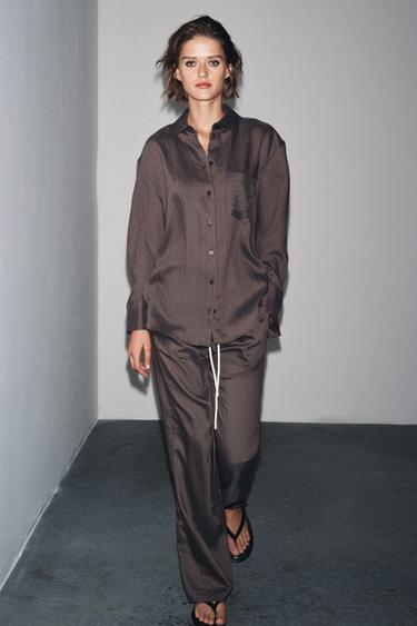 OVERSIZE STRIPED SHIRT ZW COLLECTION - Chocolate brown by Zara