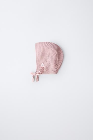 CROCHET FLOWER KNIT BONNET - Light pink by Zara