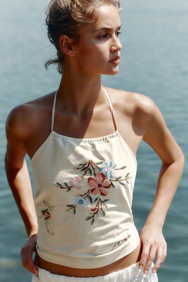Zara FLORAL EMBROIDERED HALTER TOP - Ecru