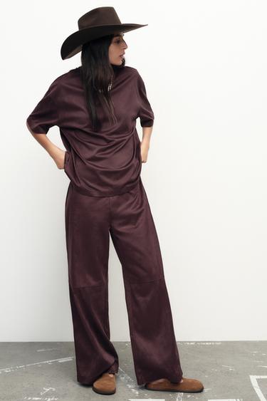 FAUX SUEDE TROUSERS - Burgundy by Zara