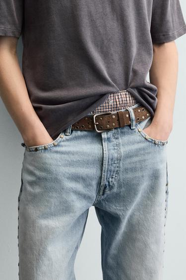 Zara STUDDED LEATHER BELT - Brown - Image 0