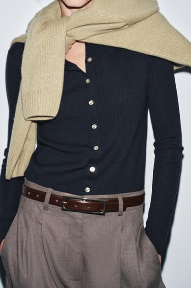 LEATHER BELT WITH RECTANGULAR BUCKLE - Brown by Zara
