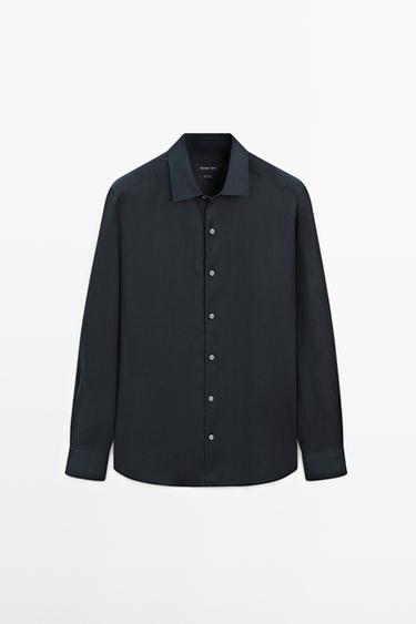 Zara Extra fine regular fit linen shirt - Navy blue