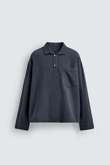 Zara RELAXED FIT COTTON-LINEN POLO SHIRT - Petrol blue