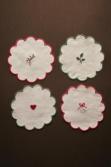 PACK OF EMBROIDERED CHRISTMAS COASTERS (PACK OF 4) - Ecru by Zara - Image 4