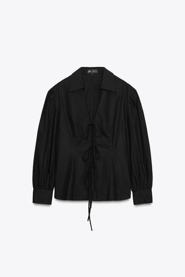 POPLIN SHIRT WITH TIED DETAILS ZW COLLECTION - Black by Zara - Image 4