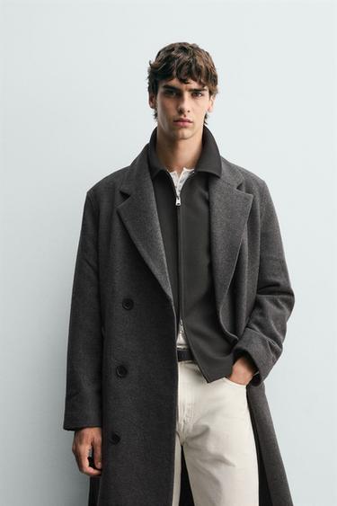 PALLTO DOPIOPETË ME LESH DHE RRIP - Gri nga Zara