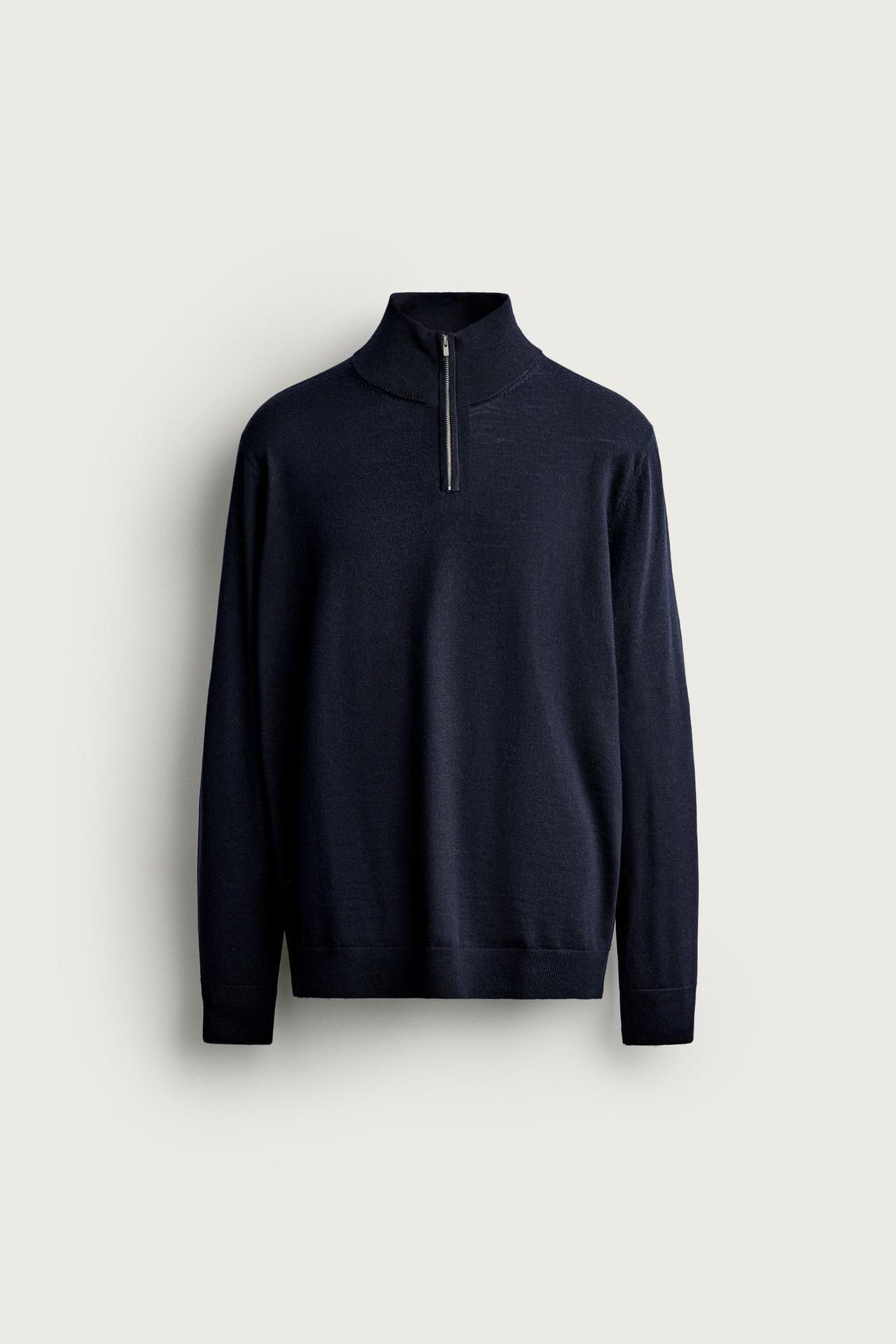 100% WOOL QUARTER-ZIP SWEATER — Navy blue