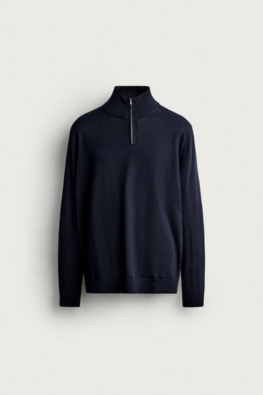 100% WOOL QUARTER-ZIP SWEATER — Navy blue 1