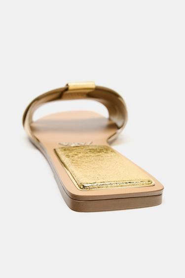 FLAT LEATHER SLIDE SANDALS - Gold by Zara - Image 4