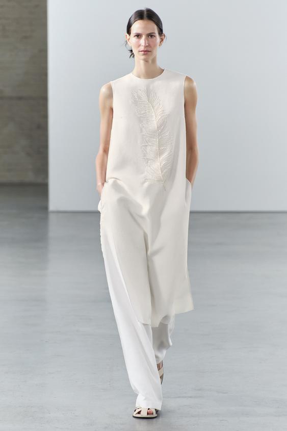 ZW COLLECTION EMBROIDERED LONG TOP - Oyster-white | ZARA United Kingdom