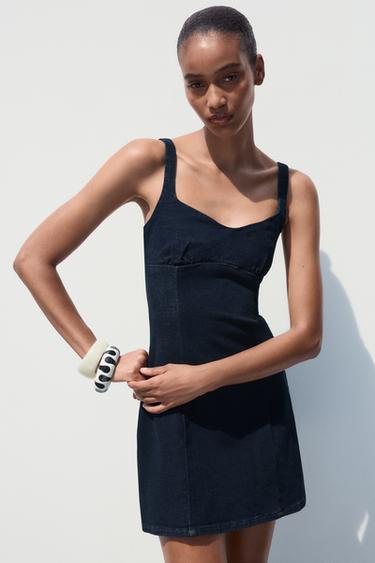 Zara Z1975 STRAPPY DENIM MINI DRESS - Blue