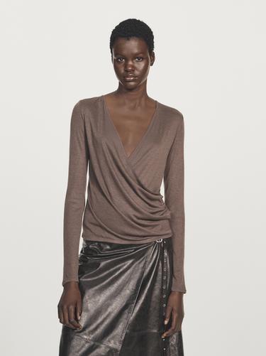 Zara Lyocell and wool top with surplice neckline - Mid-ecru