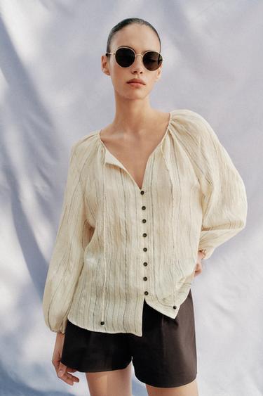 STRIPED BLOUSE WITH BOWS - Ecru / Black by Zara