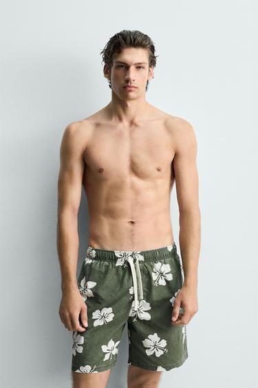 HIBISCUS PRINT LONG SWIM SHORTS - Billiard green by Zara - Image 1