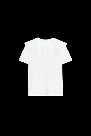Zara EMBROIDERED PETER PAN COLLAR T-SHIRT - White - Image 0